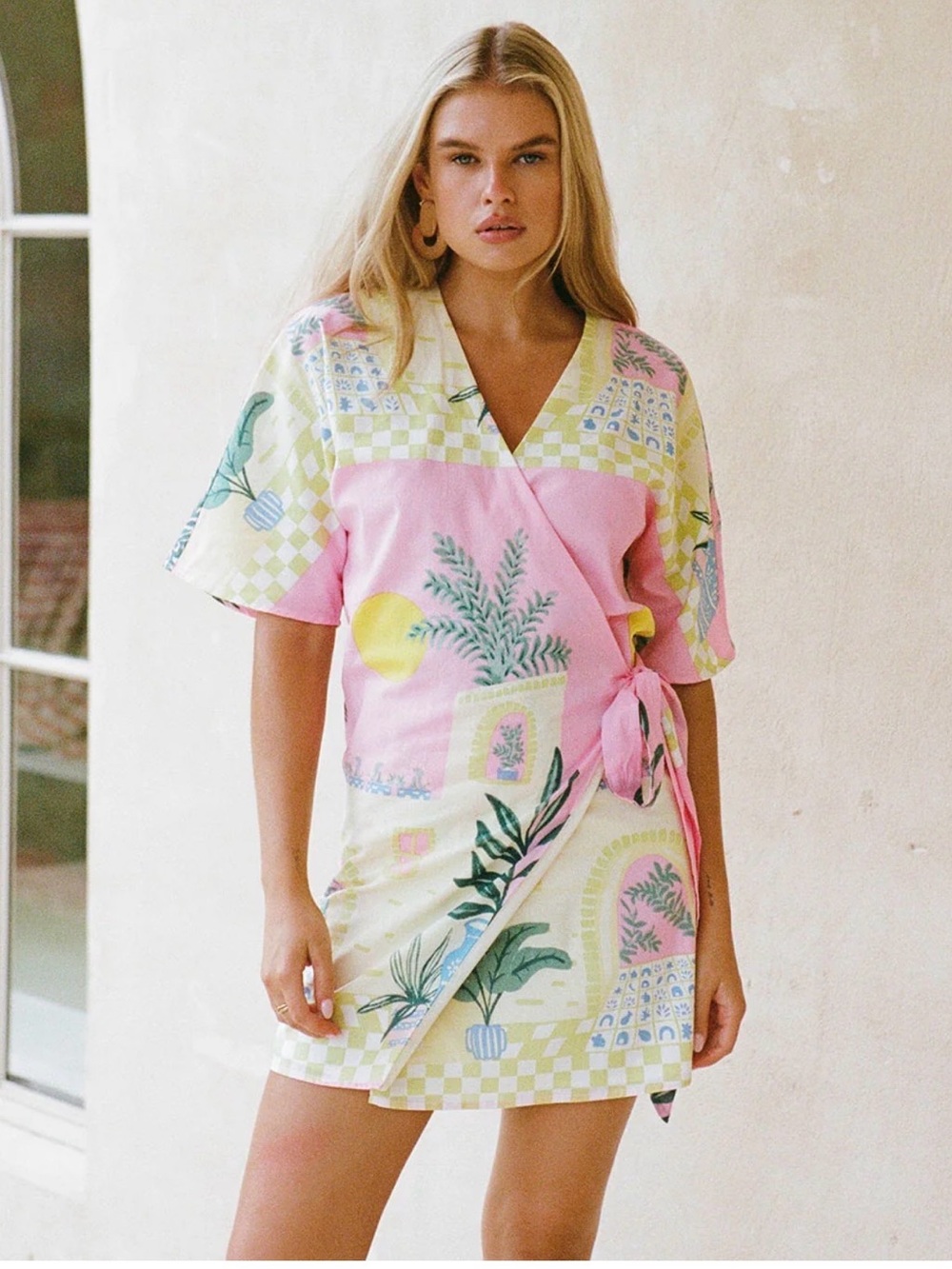 Wrap Mini Dress in Pink and Cream with Botanical Print